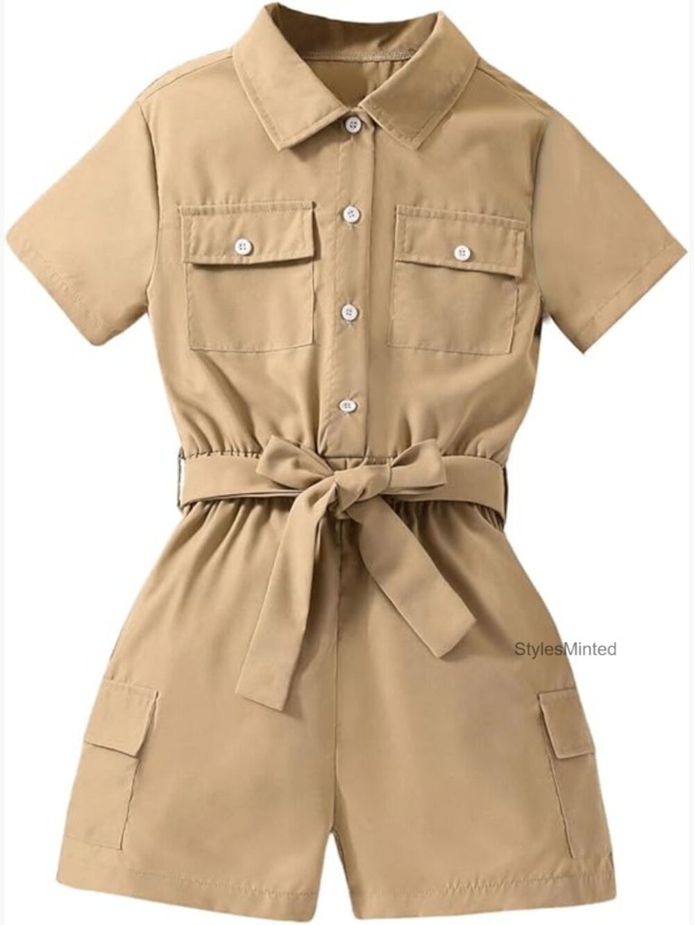 Girls Button Down Flap Pocket Mini Romper Jumpsuit Short Sleeve